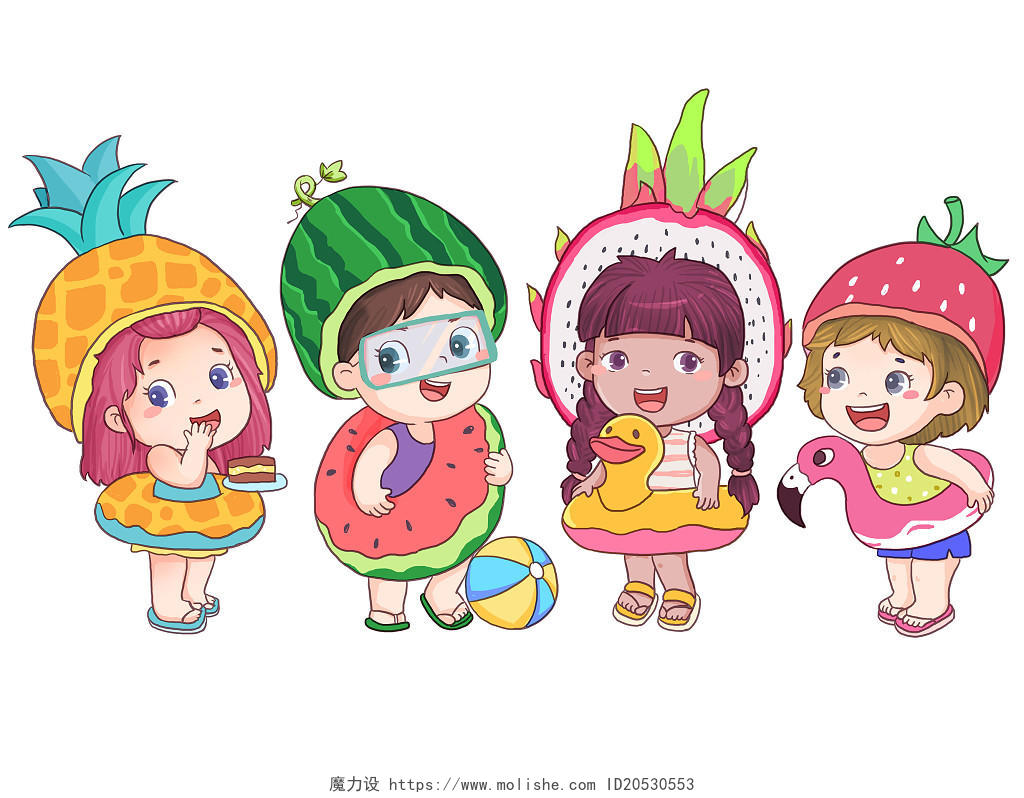 夏季游泳夏令营放暑假的小学生身穿水果救生圈插画